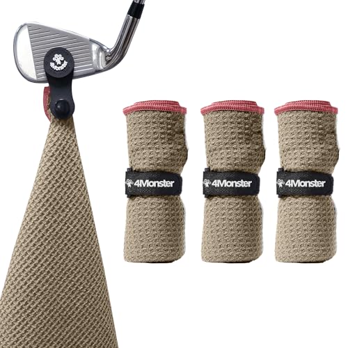 4Monster Golf Towels 3-Pack with Detachable Magnet and Portable Pouch, Quick-Dry Microfiber Golf Towel Set for Golf Bags,Custom Towel Gifts for Men or Women (3, Toasted Almond)