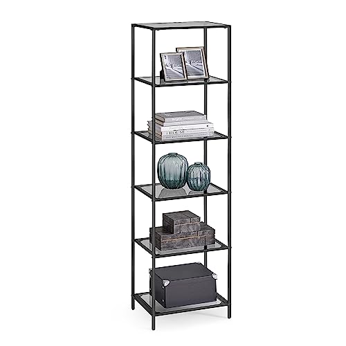 VASAGLE Bathroom Shelf with 6 Shelves, Tempered Glass, Easy Assembly for Bathroom, Living Room, Kitchen, Office, Slate Grey, Black Ink LGT500G01