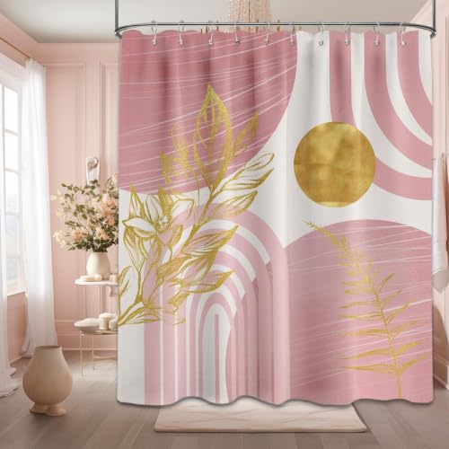 "QGHOT Blush Pink and Gold Shower Curtain Boho Mid Century Light Pink and White Shower Curtains for Bathroom Decor, Waterproof Cloth Fabric with Hooks, 60"" W x 72"" L"