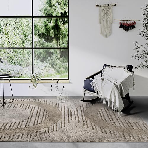 Elle Decor ation Bartoux High Pile Rug, Modern Living Room Rug, Long Pile Shaggy, Modern Pattern, Fluffy Soft Boho for Living Room, Bedroom - Beige, 160 x 235 cm