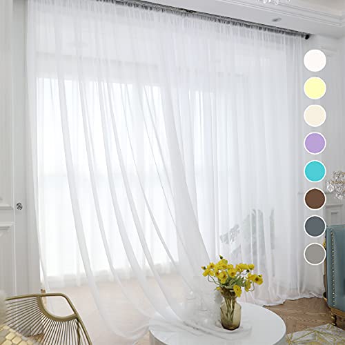 ABCHOME White Sheer Curtains 72 Inches Long 2 Panels,Rod Pocket Voile Semi Sheer Window Curtains for Kitchen, Bedroom and Living Room (White, 52 W x 72 L)