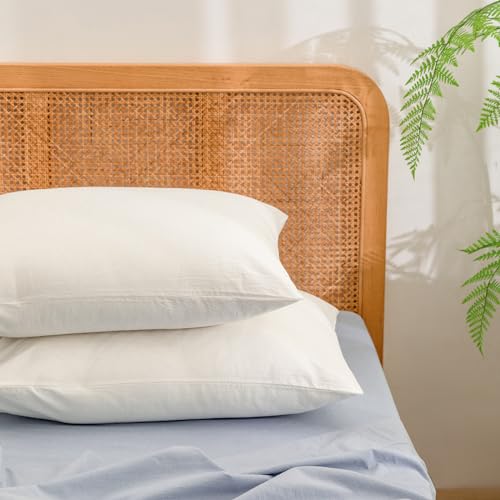 BESTOUCH Washed Cotton Pillowcases Linen Feel Off White Queen - 100% Washed Cotton, Linen Feel, Soft Wrinkle Texture, Envelope Closure, Breathable Lightweight Durable Comfy, 2 Pcs No Insert