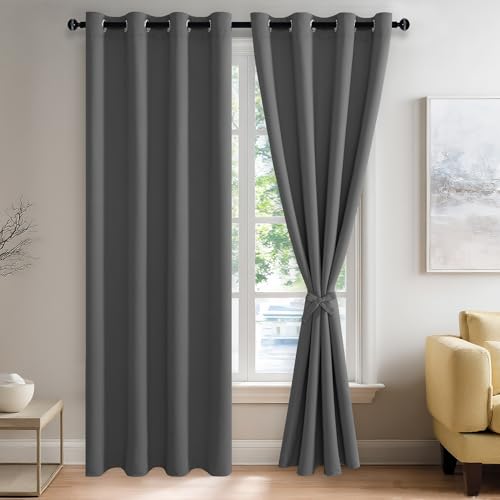 JIUZHEN Blackout Curtains with Tiebacks - Thermal Insulated, Light Blocking and Noise Reducing Grommet Curtain Drapes for Bedroom and Living Room, Set of 2 Panels, Dark Grey, 52 x 84 Inch Length