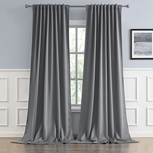 DUALIFE Gray Extra Long Curtains 108 Inch Length,Back Tab and Rod Pocket Thermal Insulated Blackout Curtains 52W x 108L, Grey, 2 Panels