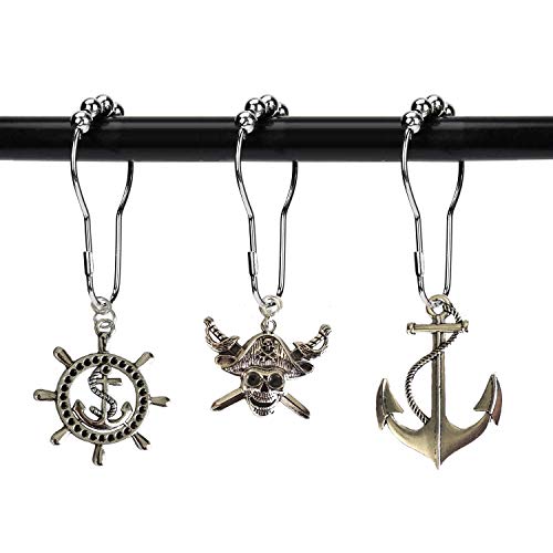 Aimoye Nautical Shower Curtain Hooks Rings - Pirate Skull, Anchor, Rudder Decorative Accessories Set Decorate Bathroom with Tropical Ocean, Beach, Sea, Navy Ship, Cool Creative Nature Scenic Theme