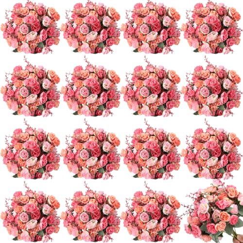 Geosar 16 Pcs Artificial Rose Flowers Artificial Flower Bouquet Leaf Valentines Wedding Centerpieces DIY Bride Fake Rose for Home Bridal Party Decorations (Pink)