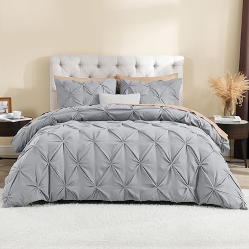 Litanika Silver Grey King Duvet Cover, 3 Pieces Pinch Pleat Cover - Soft Polyester, Pintuck Bedding Set with Zipper Closure & Corner Ties(1 Duvet Cover, 2 Pillowcases)