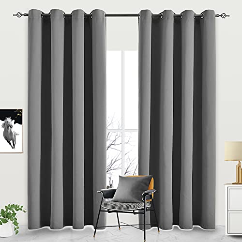 JSFLY Blackout Curtains for Bedroom 2 Panels 52 W x 72 L Long Dark Gray - Thermal Insulated Light Blocking Room Darkening Curtains Solid Grommet Window Drapes for Living room
