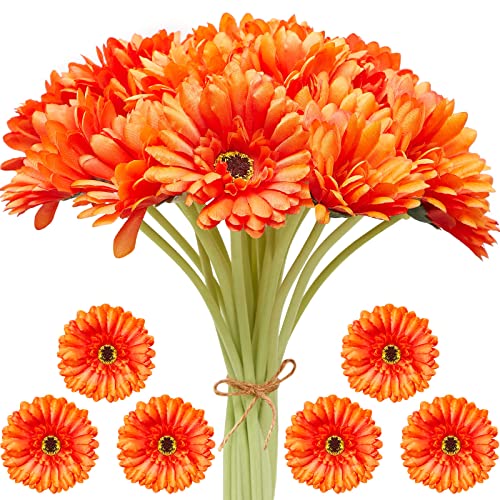 Hanaive 20 Pcs 20 Pcs Artificial Daisies Flower Fake Gerbera Daisy Faux Bouquet African Daisy Flower Artificial Flowers for Wedding Bridal Bouquet Party Home Kitchen Table Centerpiece (Orange)