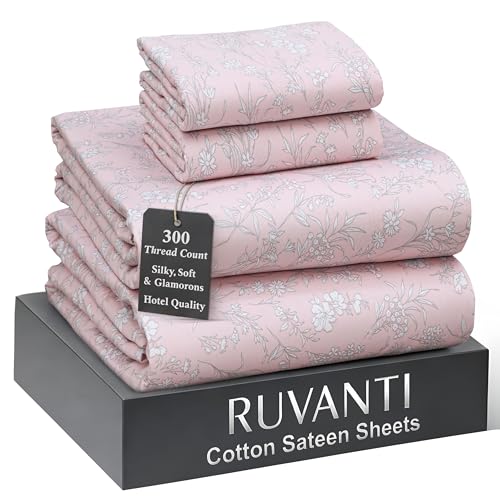 "Ruvanti 100% Cotton Sateen Sheets Queen Size, Pink Fusion - Queen Sheets 300 Thread Count 4 Piece Set, 16"" Deep Pocket, Cooling Bed Sheets for Hot Sleepers, Breathable & Durable"