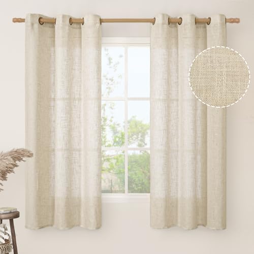 LAMIT 60 Inch Semi Sheer Linen Curtains for Kitchen 2 Panels, Linen Textured Light Filtering Window Drapes Bronze Grommet Neutral Boho Panels for Bedroom/Dining Room, Linen, 34 x 60 Inch