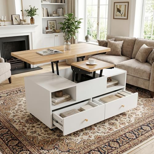 39F Furniture Dream Lift-Top Coffee Table with Wheels, 4 Drawers, 2 Height-Adjustable Platforms, Extendable Dining & Work Table, White & Wood, 100x50x47.5cm, Modern Space-Saving Centre Table