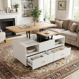 39F Furniture Dream Lift-Top Coffee Table with Wheels, 4 Drawers, 2 Height-Adjustable Platforms, Extendable Dining & Work Table, White & Wood, 100x50x47.5cm, Modern Space-Saving Centre Table