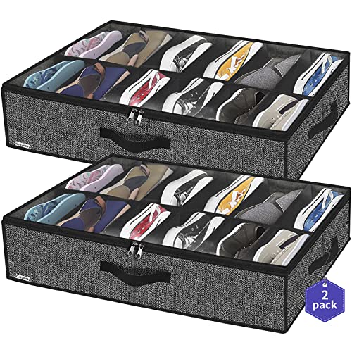 "Onlyeasy Sturdy Under Bed Shoe Storage Organizer, Set of 2, Fits Total 24 Pairs, Underbed Shoes Closet Storage Solution with Clear Window, Breathable, 29.3""x23.6""x5.9"", Linen-like Black, MXAUBSB2P"