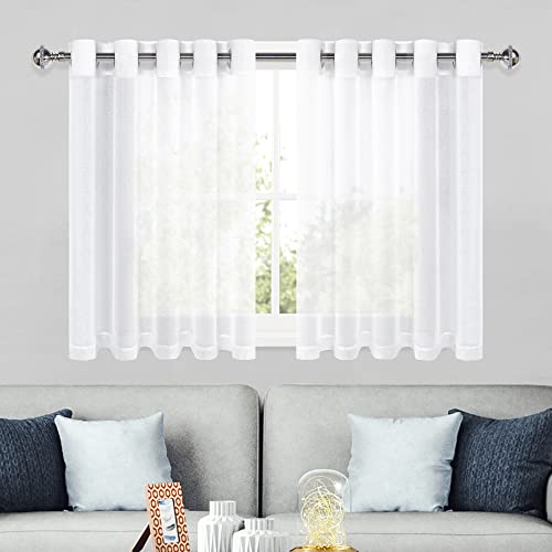 DWCN White Faux Linen Sheer Curtains - Grommet Voile Window Curtains Drapes for Bedroom Living Room 60 x 36 inch Length, Set of 2