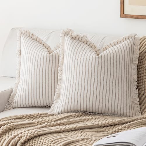 YEENAASY Striped Farmhouse Throw Pillow Covers 18X18 Set of 2 Boho Pillow Cover with Fringe Tassel Chic Cotton Decorative Pillows Modern Neutral Square Cushion Pillowcase for Sofa Couch Bed, Khaki
