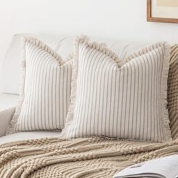 YEENAASY Striped Farmhouse Throw Pillow Covers 18X18 Set of 2 Boho Pillow Cover with Fringe Tassel Chic Cotton Decorative Pillows Modern Neutral Square Cushion Pillowcase for Sofa Couch Bed, Khaki