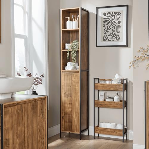 Home Source Tall Bathroom Storage Cabinet – Slim Oak-Style Tallboy with Black Metal Frame – Narrow Bathroom Unit with Shelves & Cupboard