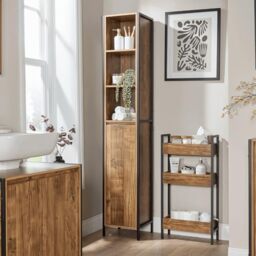 Home Source Tall Bathroom Storage Cabinet – Slim Oak-Style Tallboy with Black Metal Frame – Narrow Bathroom Unit with Shelves & Cupboard