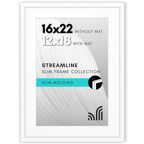 Americanflat 16x22 Picture Frame in White - Use as 12x18 Poster Frame with Mat or 16x22 Frame Without Mat - Thin Border Photo Frame with Plexiglass Cover - Vertical or Horizontal Wall Display