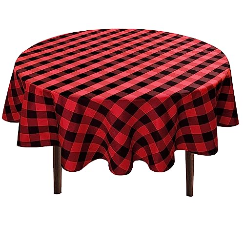 Hiasan Checkered Round Tablecloth 90 Inch - Waterproof Stain and Wrinkle Resistant Washable Fabric Table Cloth for Christmas Dining Room Party Outdoor Picnic, Black and Red