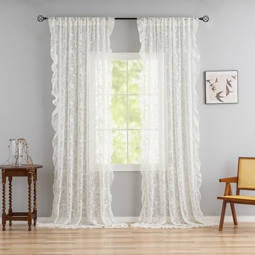 TUDECO 1 Pair Antique Floral Embroidered Sheer Lace Curtains 96 Inches Long, Rustic Ruffle Curtains for Dining Room, Privacy, French Decor, 59 x 96 Inch,