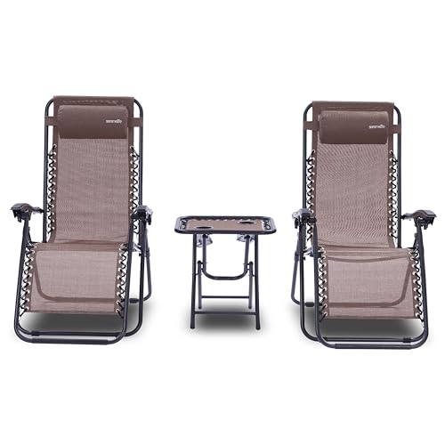 SereneLife Sun Loungers Set of 2, Zero Gravity Chairs, Garden Chairs with Adjustable Headrest Pillow, Cup Holder & Side Table, Foldable- Garden Recliner Chairs, for Poolside, Camping, Patio, Brown