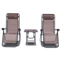 SereneLife Sun Loungers Set of 2, Zero Gravity Chairs, Garden Chairs with Adjustable Headrest Pillow, Cup Holder & Side Table, Foldable- Garden Recliner Chairs, for Poolside, Camping, Patio, Brown