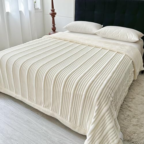 UKELER Sherpa Bed Blanket 80 ?? 90 inch, Ultra Soft Queen Size Throw Blanket for All Season, 470 GSM Cozy Plush Striped Fleece Blanket for Bedroom Living Room Dorm Hostel Sofa Camping, White