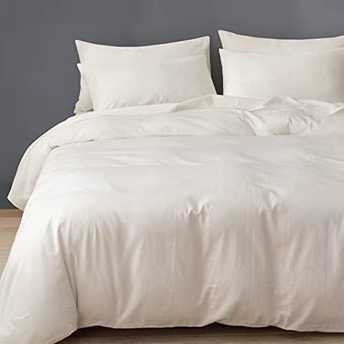 HeimenAogo 600 Tc Egyptian Cotton Duvet Cover Queen Size Ultra Soft and Breathable Bedding Set with Zipper Closure Long Staple Washed Cotton Duvet Cover Linen Like Texture Off-White 3 Pcs