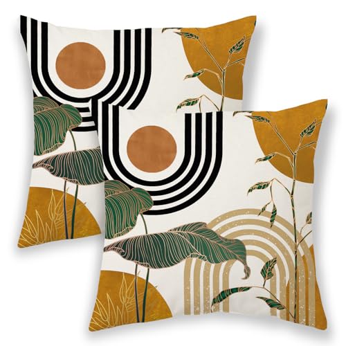 Mustard Yellow Green Boho Pillow Covers 18x18 Inch 2 Pcs,Tropical Leaf Summer Outdoor Decorative Throw Pillows,Mid Century Abstract Farmhouse Decor Pillowcase Linen Cushion Cover for Couch Sofa