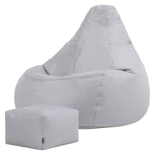 Bean Bag Bazaar Dalton Outdoor Bean Bag and Footstool, Grey, Garden Chair and Footstool, Water Resistant Fabric, Gaming Beanbag with Filling Included, Garden Seat, Outdoor Seating