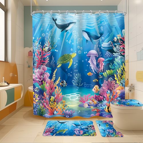 Mitpok Ocean Beach Sea Whale 4Pcs Bathroom Shower Curtain Set with Rugs - 72Wx72H Shower Curtain with 12 Hooks Non-Slip Bath Rug Toilet Lid Cover U Shape Mat Bathroom Decor