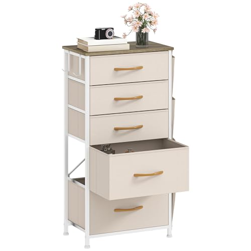 DWVO Narrow Chest of Drawers with 5 Drawers, Fabric Chest Drawers with Side Pocket&Hooks,Easy Pull Handle,Sturdy Steel Frame for Bedroom,Living Room,Beige