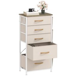 DWVO Narrow Chest of Drawers with 5 Drawers, Fabric Chest Drawers with Side Pocket&Hooks,Easy Pull Handle,Sturdy Steel Frame for Bedroom,Living Room,Beige