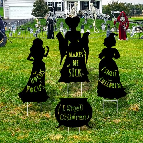 Arosche Extra Large Halloween Decorations Outdoor Hocus Pocus Yard Sign with Stakes 4 pack Witches Silhouette Themed I Smell Children Hocus Pocus Halloween Decor for Lawn, Yard, Garden, Party