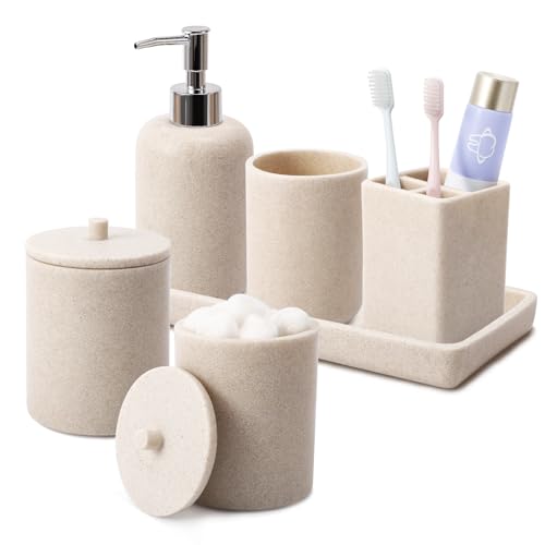 Resin 6 Pcs Beige Bathroom Set - Toothbrush Holder, Soap Dispenser, 2 Qtip Holders, Vanity Tray, Tumbler - Countertop Organizer Accessories