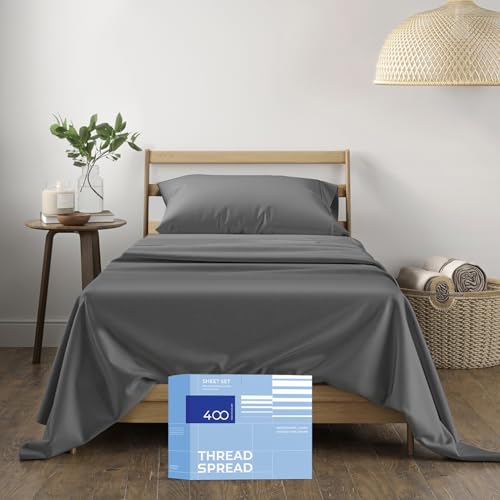 "THREAD SPREAD Egyptian Cotton Sheets Twin XL Size - Luxury 400 Thread Count Twin XL Sheets (3 PC, Dark Grey), Silky Soft, Cooling & Breathable Sateen Weave 16"" Deep Pocket Dorm Room Bed Sheet Set"