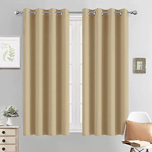 Yakamok Light Blocking Window Blackout Curtains Thermal Insulated Room Darkening Drapes for Bedroom,Solid Grommet Top Window Panels, 52x54 Inch, Beige, One Pair