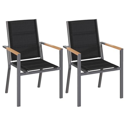 JUMMICO Stackable Garden Chair, Full Aluminium Frame with Comfort Seat, Sturdy Design & Wood-Look Armrests for Patio, Garden and Pool Area
