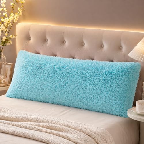 Reafort Luxury Long Hair, PV Fur, Faux Fur Body Pillow Cover/Case with Hidden Zipper Closure (53centimeter x 137centimeter Body Pillow Cover, Aqua)