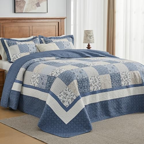 DDUOXIN Oversize King Bedspread - 120 W x120 L Extra Wide - 100% Cotton Patchwork Oversized Quilt with 2 Pillow Shams, Farmhouse Floral Lightweight Bedspreads Coverlet Sets, Blue-Patchwork