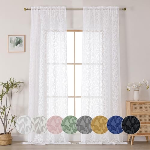 OWENIE Leyna Extra Long White Curtain 96 Inches Long 2 Panels Set for Living Room Bedroom, Soft Airy Leaf Clip Jacquard Textured Light Filtering Curtains, Double Rod Pockets Drapes, 40Wx96L Inch