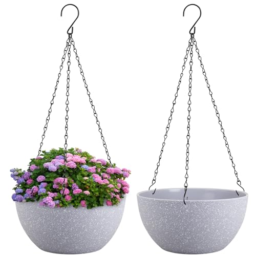 Meowell 8 inch Small Hanging Planters for Indoor Outdoor Plants, 2 Pack Hanging Flower Pots with Drainage Holes and Chain for Garden Porch, Plastic Hanging Baskets for House Plants, Speckled Grey