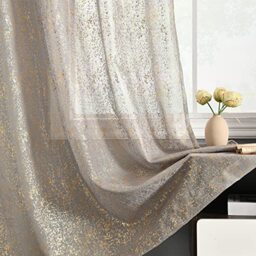 TERLYTEX Metallic Grey Sheer Curtains With Gold Foil Sparkle Glitter, 96 Inch Length for Living Room, Rod Pocket Privacy Window Curtains, 52 x 96 Inch, 2 Panels, Gold Grey