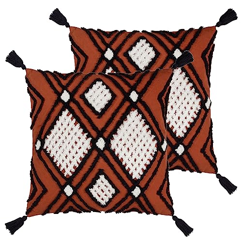 furn. Aquene Tufted Tasselled Feather Filled Cushion - Twin Pack, Brick/Black, 50 x 50cm