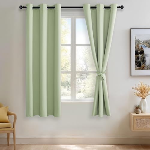 JIUZHEN Blackout Curtains with Tiebacks - Thermal Insulated, Light Blocking and Noise Reducing Grommet Curtain Drapes for Bedroom and Living Room, Set of 2 Panels, Light Green, 42 x 63 Inch Length