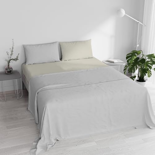 Double Bed Sheet Set, 100% Natural Cotton, Made in Italy – Complete Bed Set, Fitted Sheet, Top Sheet 240 x 300 cm and Pillowcases with Inner Flap, Light Grey/Cream