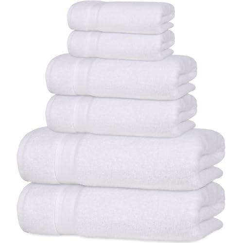 6 Pieces White Towel Set Quick-Dry High Absorbent 100% Turkish Cotton Towels for Bathroom, Pool, Gym, Camp, Travel, College Dorm 2 Bath Towels, 2 Hand Towels and 2 Washcloths (Bath Linen Set, White)