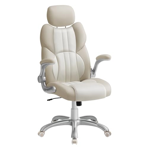 SONGMICS Office Chair, Ergonomic Gaming Chair, Adjustable Headrest, Tilt Function, Foldable Armrests, Swivel Castors, Adjustable Height, E-sports Chair, Cream White OBG065W12
